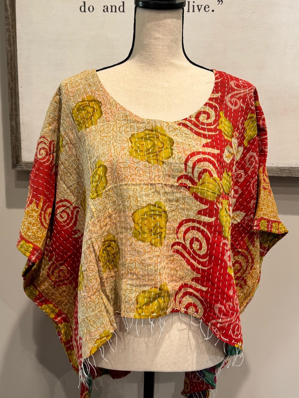 Reversible Handcrafted Red & Yellow Floral Kantha Top High Low